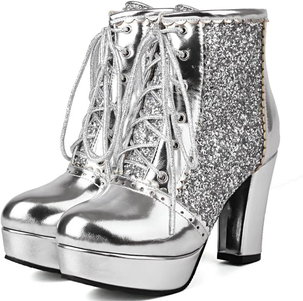 Womens Sparkly Platform Ankle Boots Short Sequin Glitter Combat Boots Chunky Heeled Lace Up Dress Prom Fall Booties For Women
