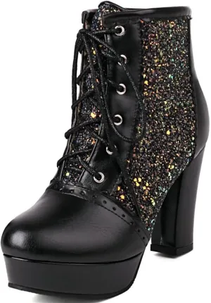 Womens Sparkly Platform Ankle Boots Short Sequin Glitter Combat Boots Chunky Heeled Lace Up Dress Prom Fall Booties For Women