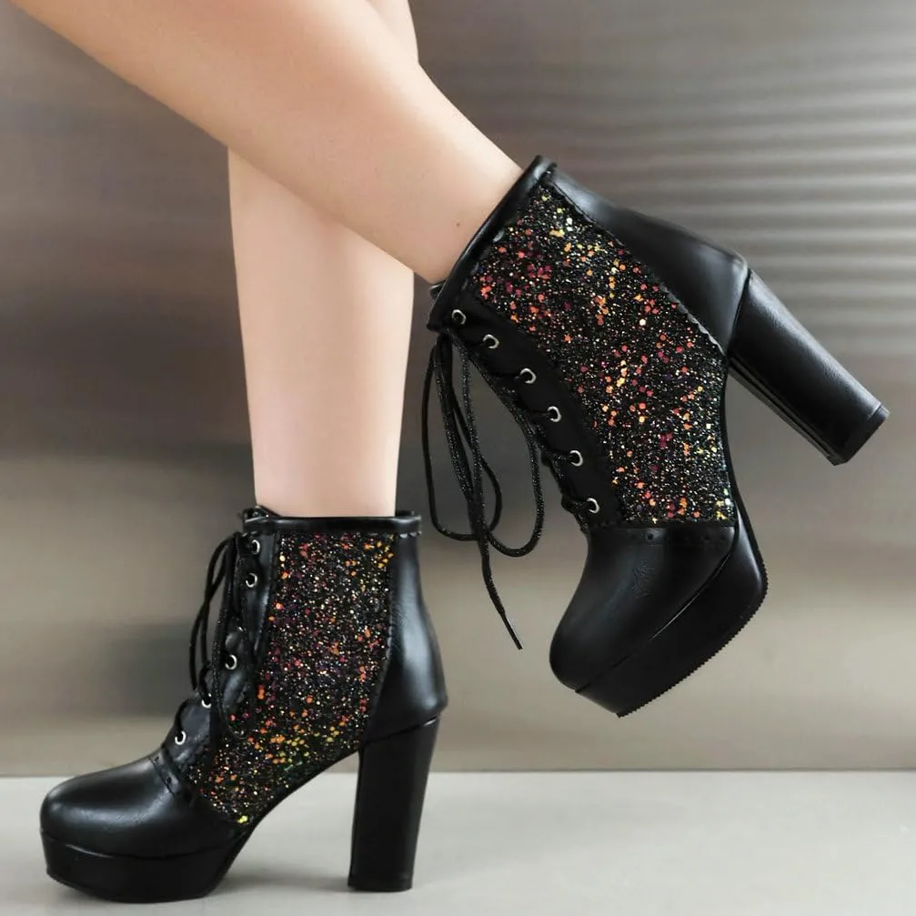 Womens Sparkly Platform Ankle Boots Short Sequin Glitter Combat Boots Chunky Heeled Lace Up Dress Prom Fall Booties For Women