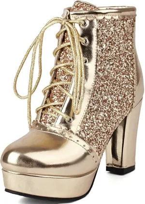 Womens Sparkly Platform Ankle Boots Short Sequin Glitter Combat Boots Chunky Heeled Lace Up Dress Prom Fall Booties For Women