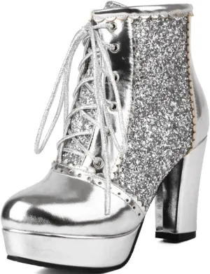 Womens Sparkly Platform Ankle Boots Short Sequin Glitter Combat Boots Chunky Heeled Lace Up Dress Prom Fall Booties For Women