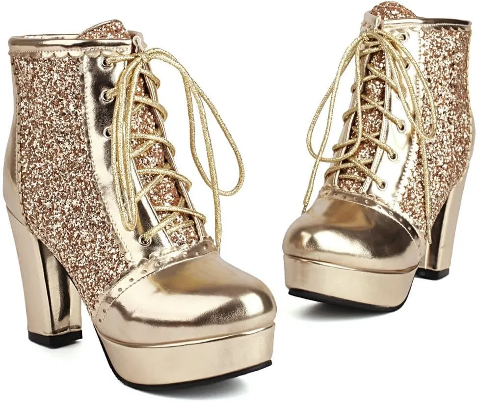Womens Sparkly Platform Ankle Boots Short Sequin Glitter Combat Boots Chunky Heeled Lace Up Dress Prom Fall Booties For Women