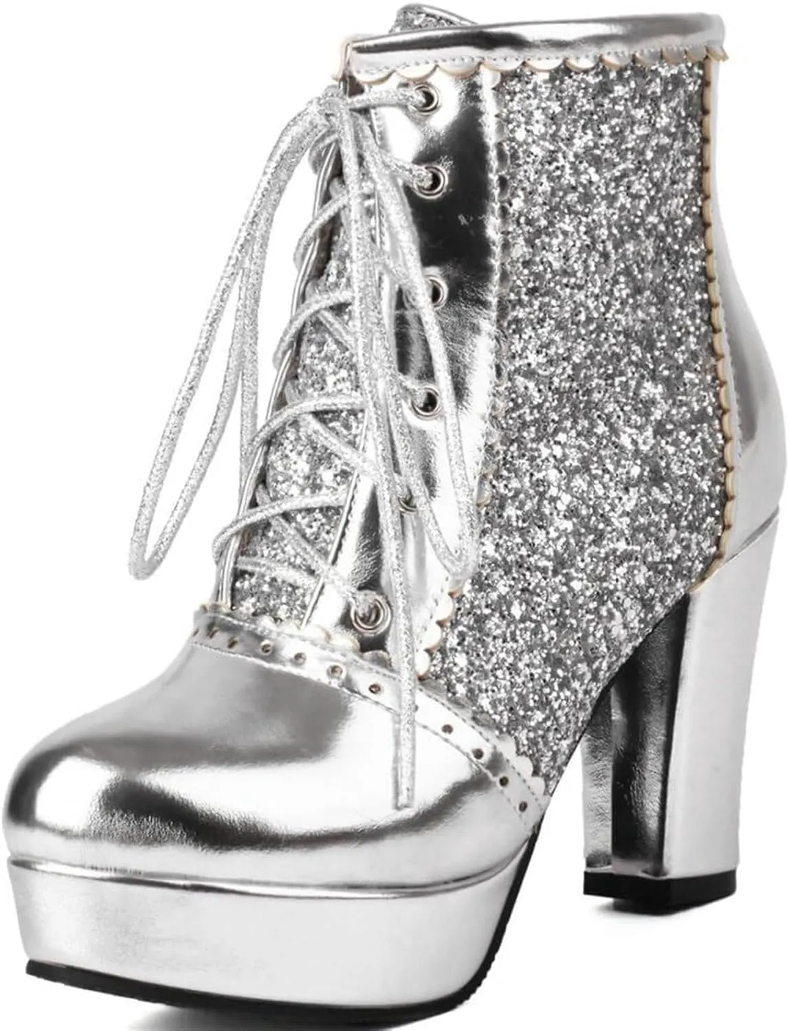 Womens Sparkly Platform Ankle Boots Short Sequin Glitter Combat Boots Chunky Heeled Lace Up Dress Prom Fall Booties For Women