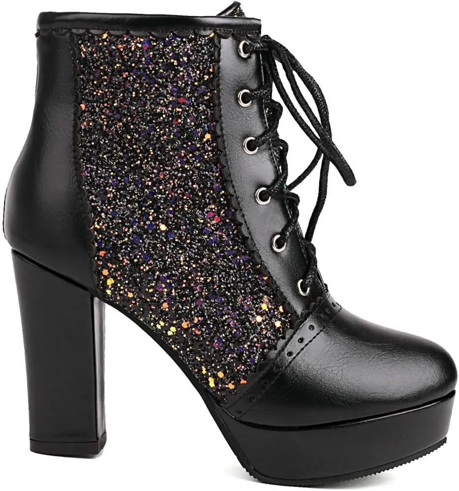 Womens Sparkly Platform Ankle Boots Short Sequin Glitter Combat Boots Chunky Heeled Lace Up Dress Prom Fall Booties For Women