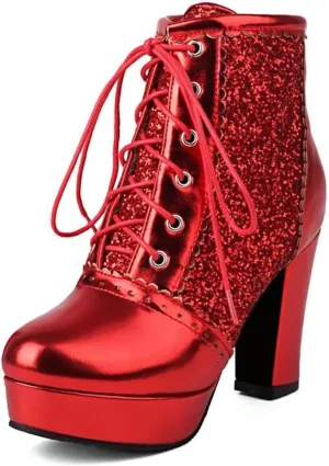 Womens Sparkly Platform Ankle Boots Short Sequin Glitter Combat Boots Chunky Heeled Lace Up Dress Prom Fall Booties For Women