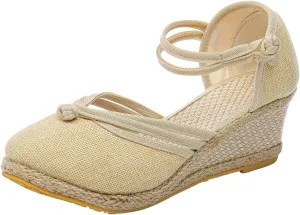Women's Wedge Sandals Closed Toe Espadrille Sandals With Ankle Wrap Classic Summer Platform Sandals Dressy Canvas Sandals