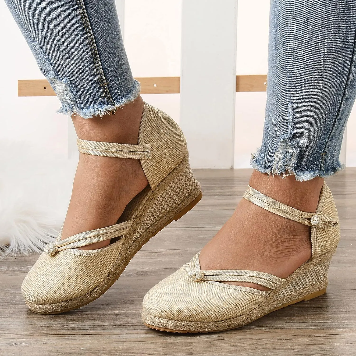 Women's Wedge Sandals Closed Toe Espadrille Sandals With Ankle Wrap Classic Summer Platform Sandals Dressy Canvas Sandals