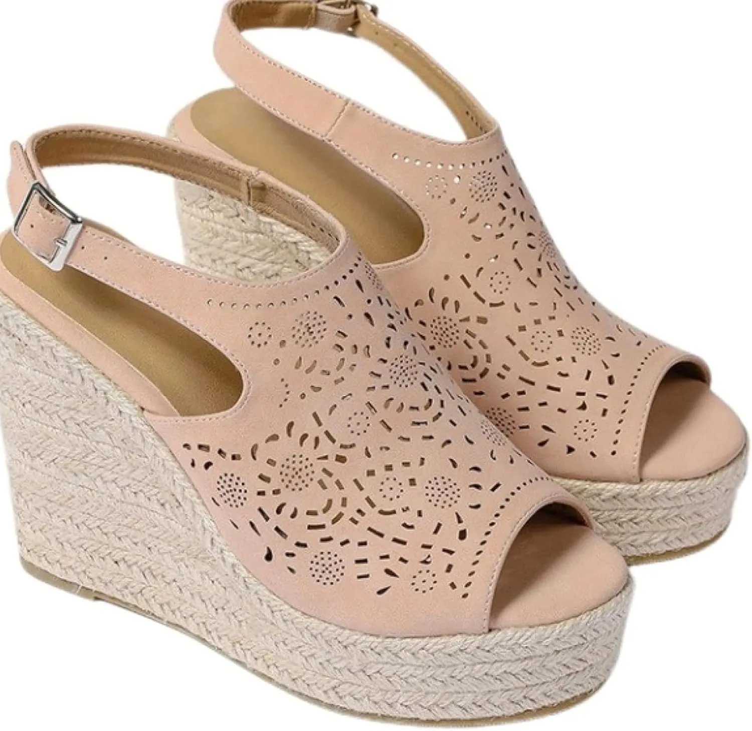 Women's Wedge Sandals with Hollowed out Floral Leather Strap Exposed Toe Platform Sandals, Summer Canvas Sandals