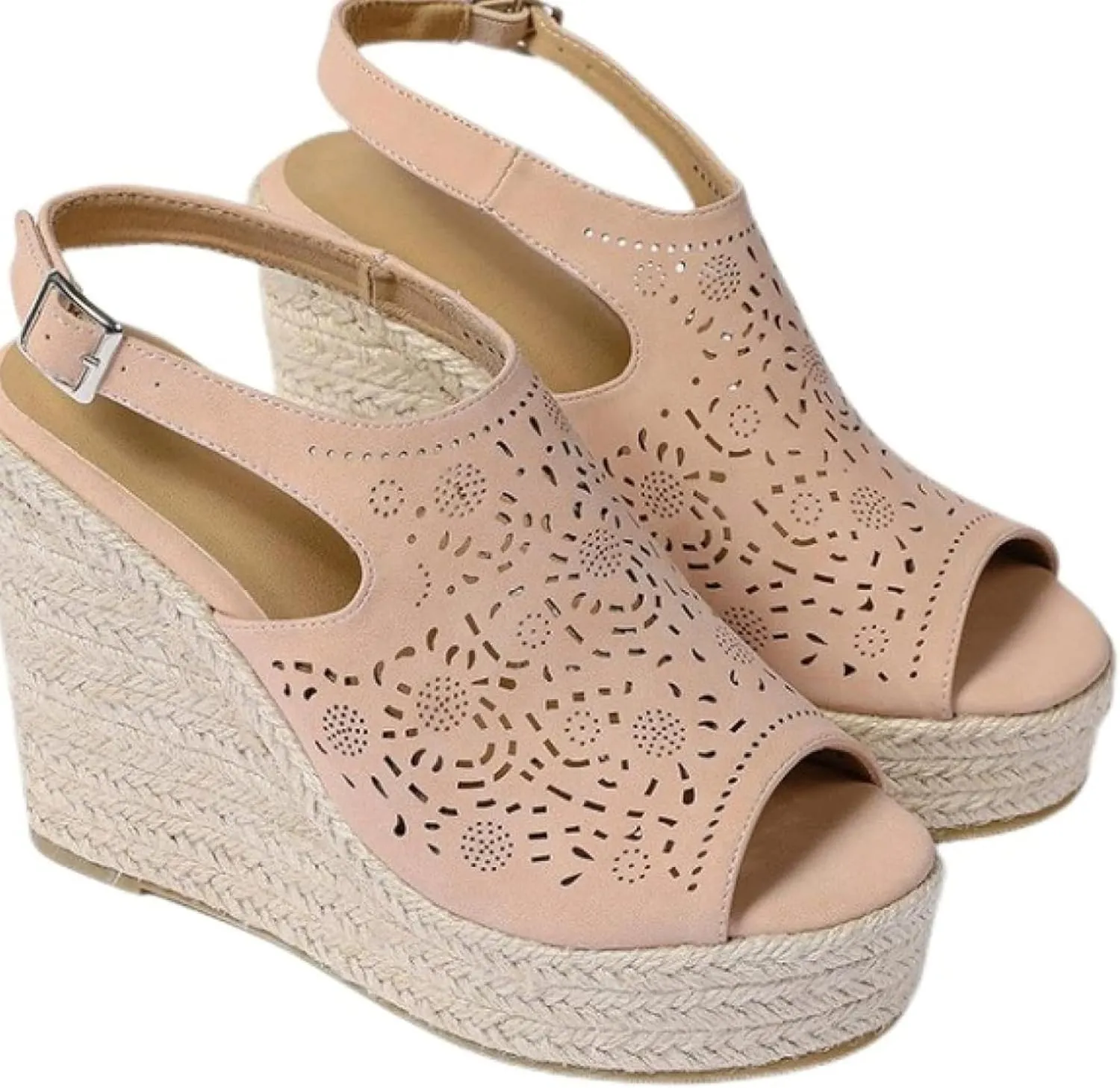 Women's Wedge Sandals with Hollowed out Floral Leather Strap Exposed Toe Platform Sandals, Summer Canvas Sandals