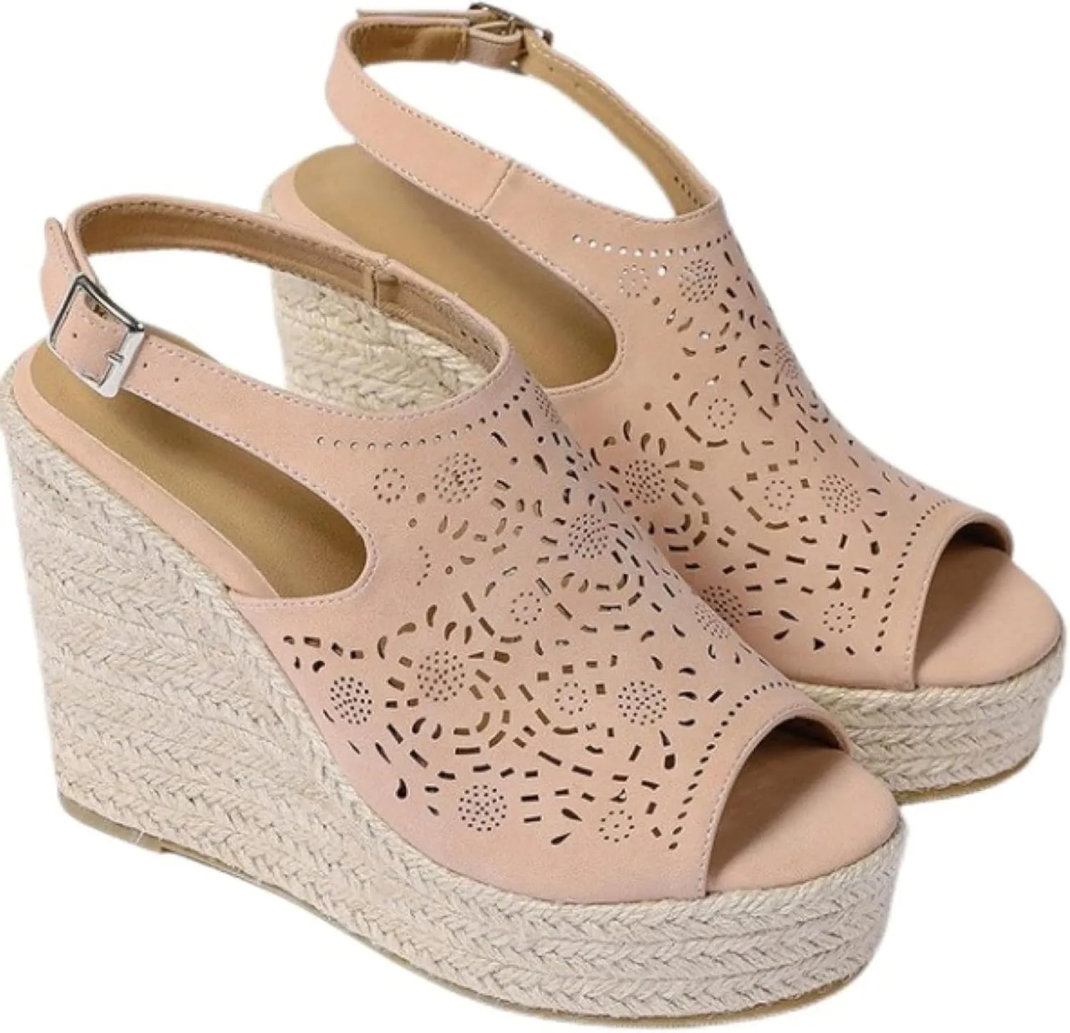 Women's Wedge Sandals with Hollowed out Floral Leather Strap Exposed Toe Platform Sandals, Summer Canvas Sandals
