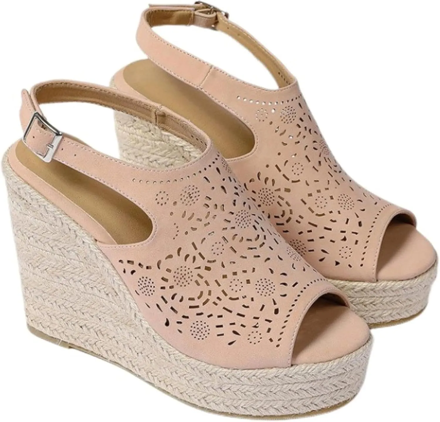 Women's Wedge Sandals with Hollowed out Floral Leather Strap Exposed Toe Platform Sandals, Summer Canvas Sandals