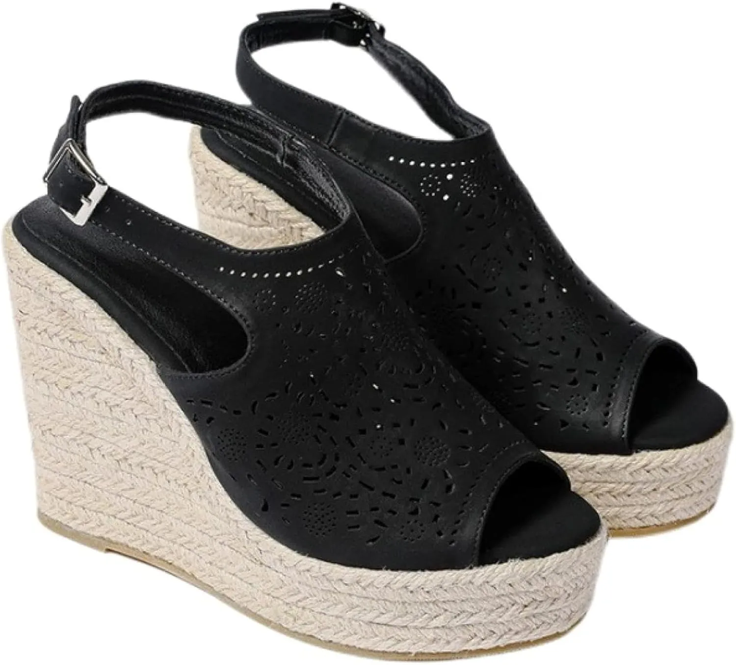Women's Wedge Sandals with Hollowed out Floral Leather Strap Exposed Toe Platform Sandals, Summer Canvas Sandals