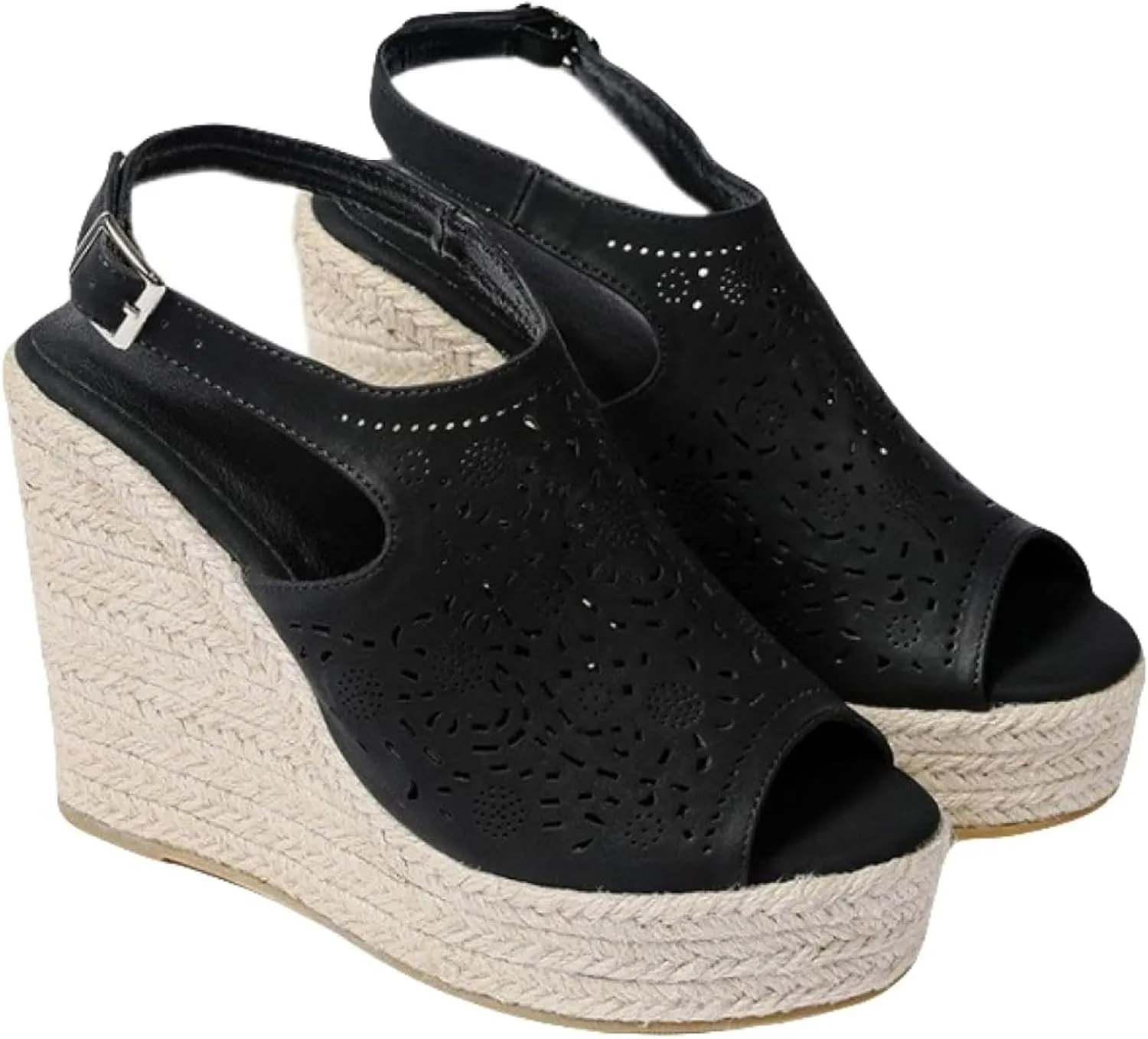 Women's Wedge Sandals with Hollowed out Floral Leather Strap Exposed Toe Platform Sandals, Summer Canvas Sandals
