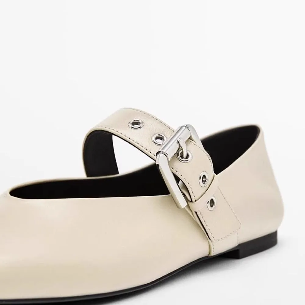 Women's White Mary Jane Flats Comfortable, Buckle Strap Ballet Flats for Women Sqaure Round Toe Slip On Shoes