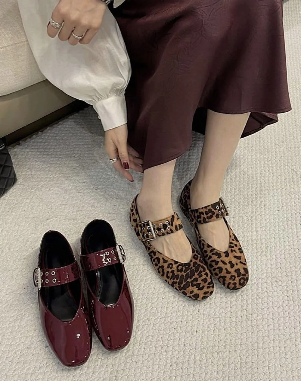 Women's White Mary Jane Flats Comfortable, Buckle Strap Ballet Flats for Women Sqaure Round Toe Slip On Shoes