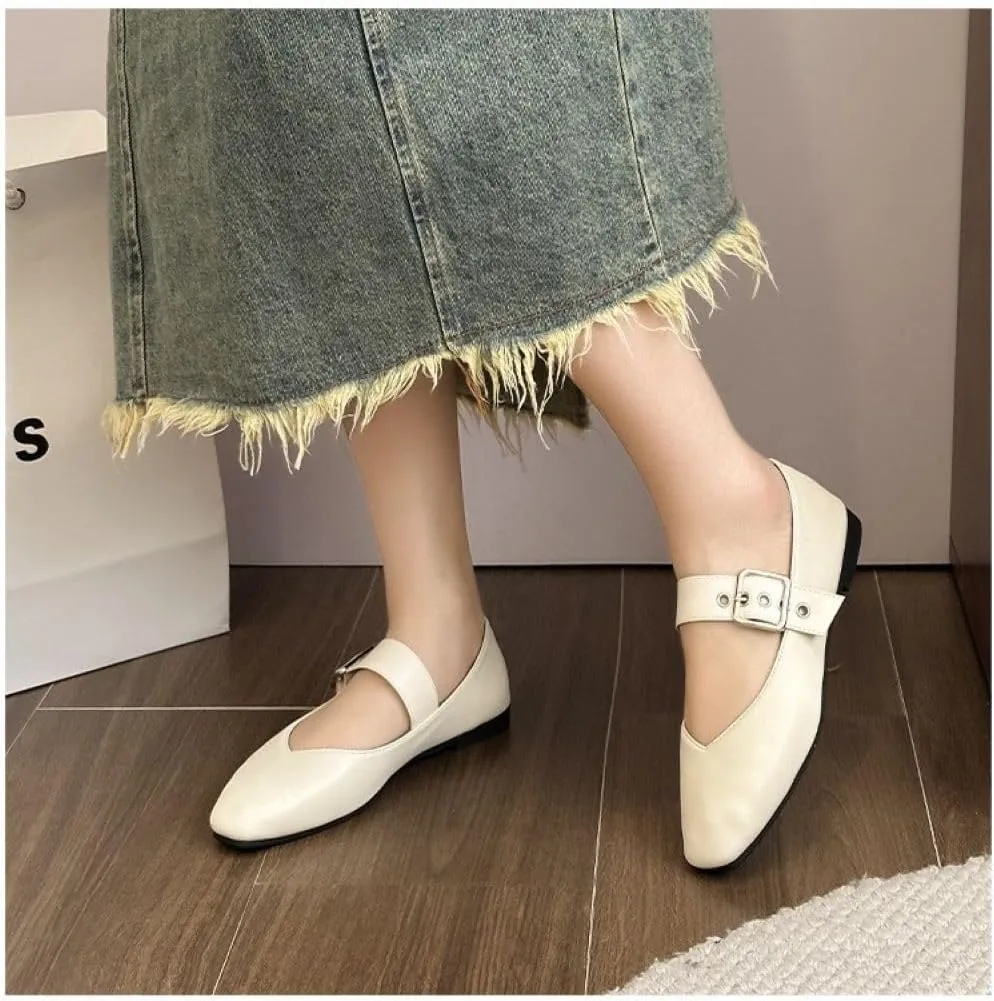 Women's White Mary Jane Flats Comfortable, Buckle Strap Ballet Flats for Women Sqaure Round Toe Slip On Shoes