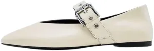 Women's White Mary Jane Flats Comfortable, Buckle Strap Ballet Flats for Women Sqaure Round Toe Slip On Shoes