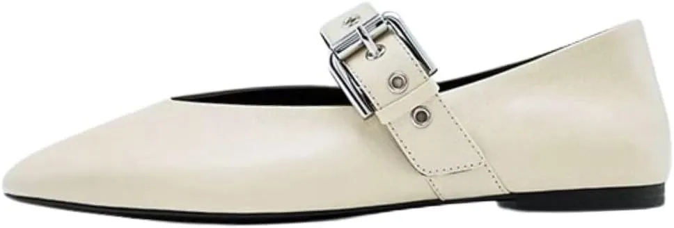 Women's White Mary Jane Flats Comfortable, Buckle Strap Ballet Flats for Women Sqaure Round Toe Slip On Shoes