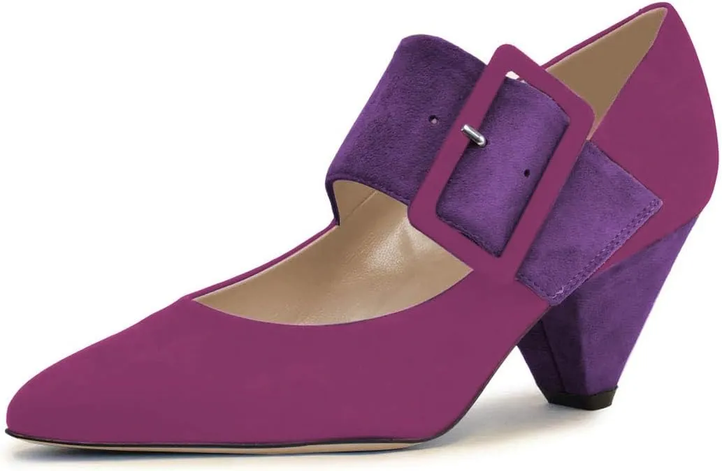 YDN Women Adorable Wide Strappy Buckled Mary Janes Kitten Low Heels Pumps Trendy Closed Pointed Toe Slip On Dress Shoes