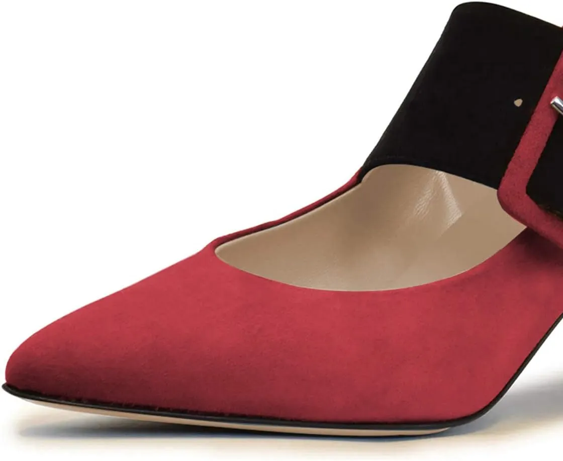 YDN Women Adorable Wide Strappy Buckled Mary Janes Kitten Low Heels Pumps Trendy Closed Pointed Toe Slip On Dress Shoes