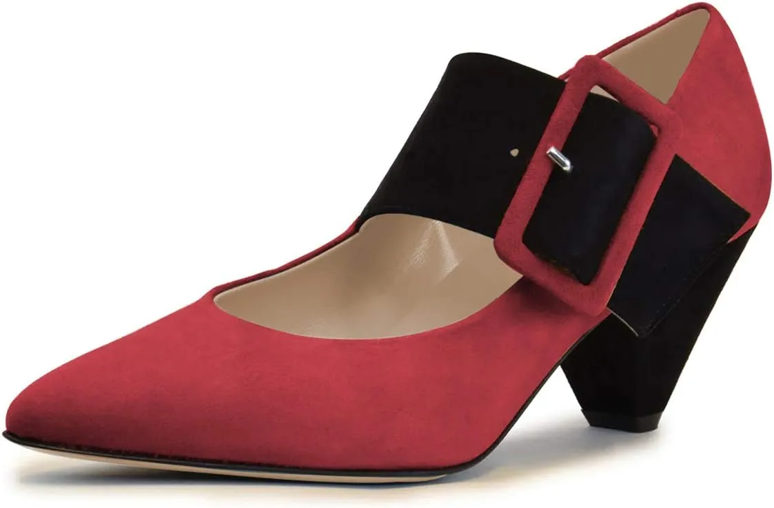 YDN Women Adorable Wide Strappy Buckled Mary Janes Kitten Low Heels Pumps Trendy Closed Pointed Toe Slip On Dress Shoes