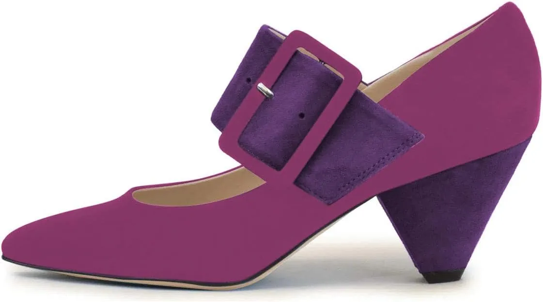 YDN Women Adorable Wide Strappy Buckled Mary Janes Kitten Low Heels Pumps Trendy Closed Pointed Toe Slip On Dress Shoes