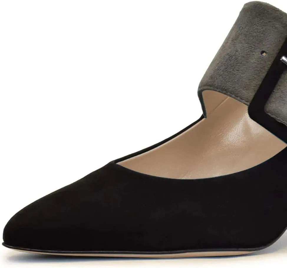 YDN Women Adorable Wide Strappy Buckled Mary Janes Kitten Low Heels Pumps Trendy Closed Pointed Toe Slip On Dress Shoes