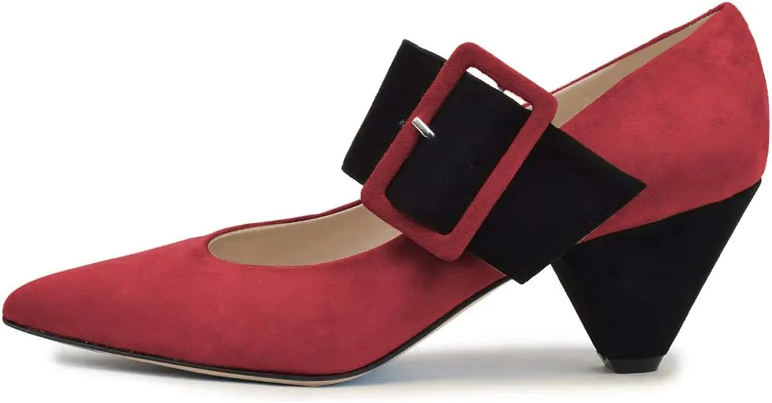 YDN Women Adorable Wide Strappy Buckled Mary Janes Kitten Low Heels Pumps Trendy Closed Pointed Toe Slip On Dress Shoes