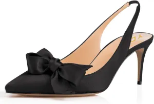 YDN Women Pointed Toe Bow Slingback Slip on Pumps Stiletto Mid Heels Evening Prom Satin Sandals Dress Shoes Size 4-16 US