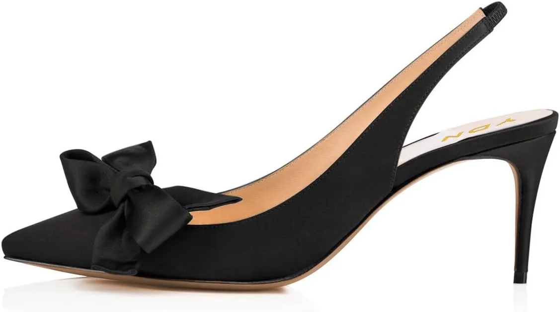 YDN Women Pointed Toe Bow Slingback Slip on Pumps Stiletto Mid Heels Evening Prom Satin Sandals Dress Shoes Size 4-16 US