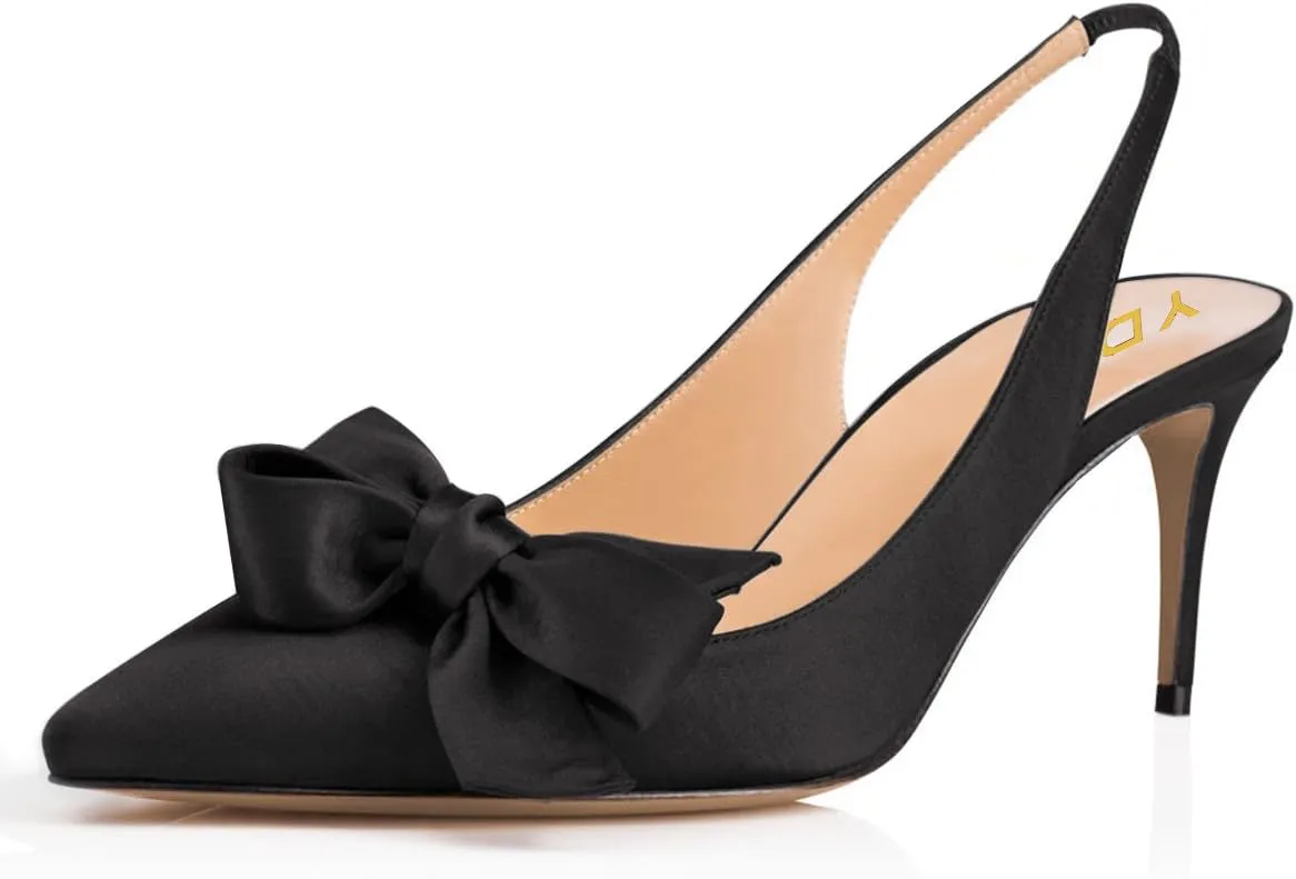 YDN Women Pointed Toe Bow Slingback Slip on Pumps Stiletto Mid Heels Evening Prom Satin Sandals Dress Shoes Size 4-16 US