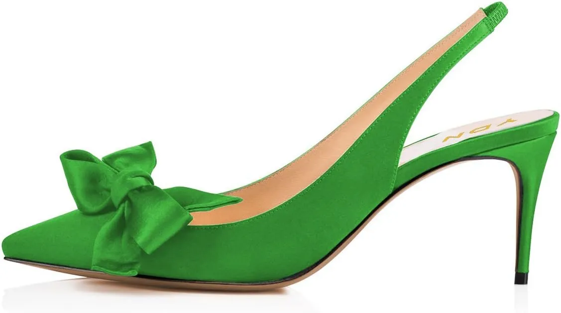 YDN Women Pointed Toe Bow Slingback Slip on Pumps Stiletto Mid Heels Evening Prom Satin Sandals Dress Shoes Size 4-16 US