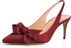 YDN Women Pointed Toe Bow Slingback Slip on Pumps Stiletto Mid Heels Evening Prom Satin Sandals Dress Shoes Size 4-16 US
