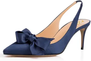 YDN Women Pointed Toe Bow Slingback Slip on Pumps Stiletto Mid Heels Evening Prom Satin Sandals Dress Shoes Size 4-16 US