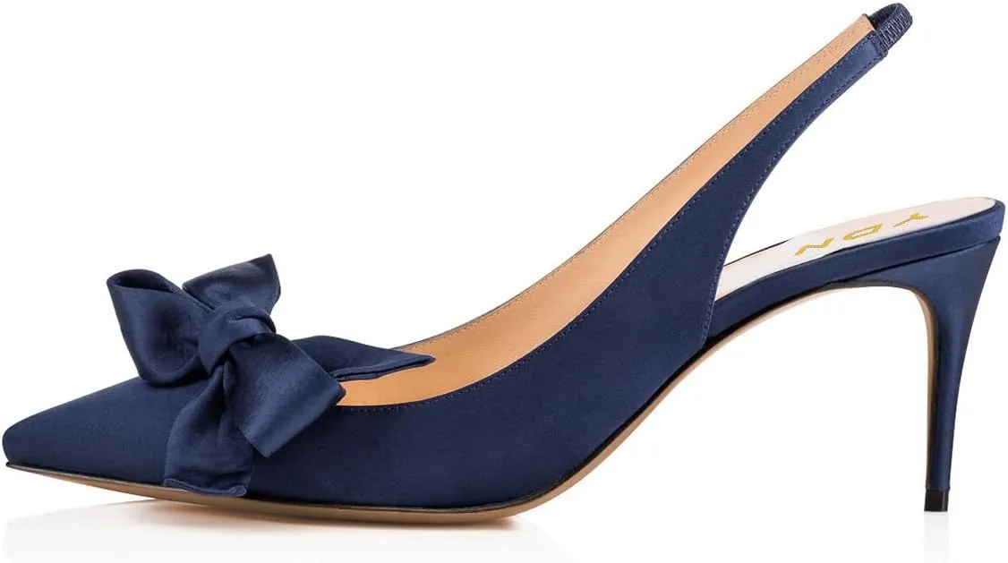 YDN Women Pointed Toe Bow Slingback Slip on Pumps Stiletto Mid Heels Evening Prom Satin Sandals Dress Shoes Size 4-16 US