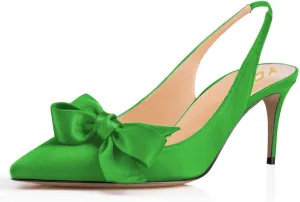 YDN Women Pointed Toe Bow Slingback Slip on Pumps Stiletto Mid Heels Evening Prom Satin Sandals Dress Shoes Size 4-16 US