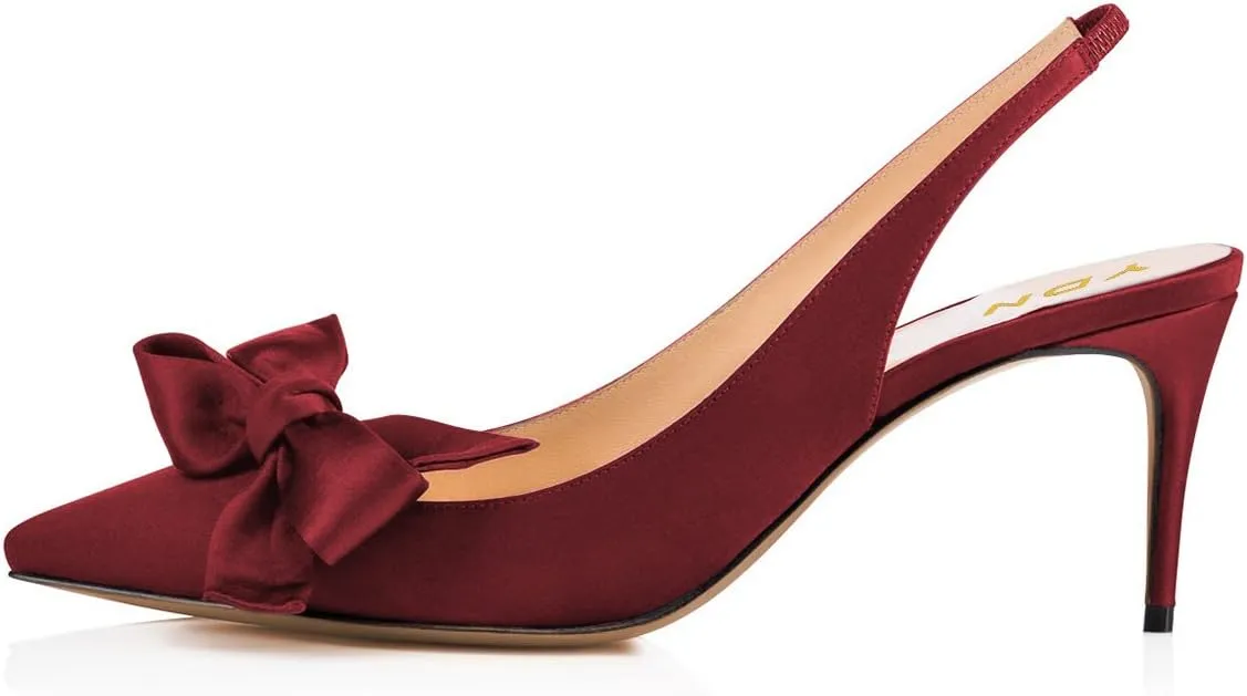 YDN Women Pointed Toe Bow Slingback Slip on Pumps Stiletto Mid Heels Evening Prom Satin Sandals Dress Shoes Size 4-16 US