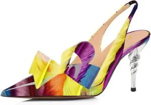 YDN Women Pointed Toe Slingback Slip on Dress Pumps Stiletto Mid Heels Evening Prom Sandals Shoes Bow Size 4-16 US