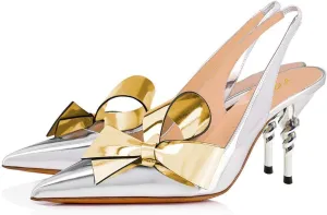 YDN Women Pointed Toe Slingback Slip on Dress Pumps Stiletto Mid Heels Evening Prom Sandals Shoes Bow Size 4-16 US