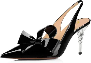 YDN Women Pointed Toe Slingback Slip on Dress Pumps Stiletto Mid Heels Evening Prom Sandals Shoes Bow Size 4-16 US