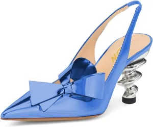 YDN Women's Stiletto Mid Heels Pumps Pointed Toe Bows Slingback Slip on Dress Evening Prom Sandals Shoes Size 4-16 US