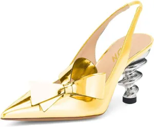 YDN Women's Stiletto Mid Heels Pumps Pointed Toe Bows Slingback Slip on Dress Evening Prom Sandals Shoes Size 4-16 US
