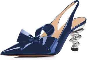 YDN Women's Stiletto Mid Heels Pumps Pointed Toe Bows Slingback Slip on Dress Evening Prom Sandals Shoes Size 4-16 US