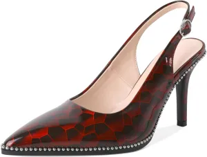 Zamikoo Women Slingback High Heels Beaded Pumps Pointed Toe Slip On 3.5 Inch Stilettos Ankle Strap Patent Leather Shoes US Size 5 -Size 13
