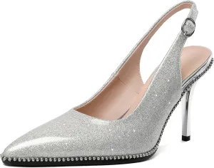 Zamikoo Women Slingback High Heels Beaded Pumps Pointed Toe Slip On 3.5 Inch Stilettos Ankle Strap Patent Leather Shoes US Size 5 -Size 13