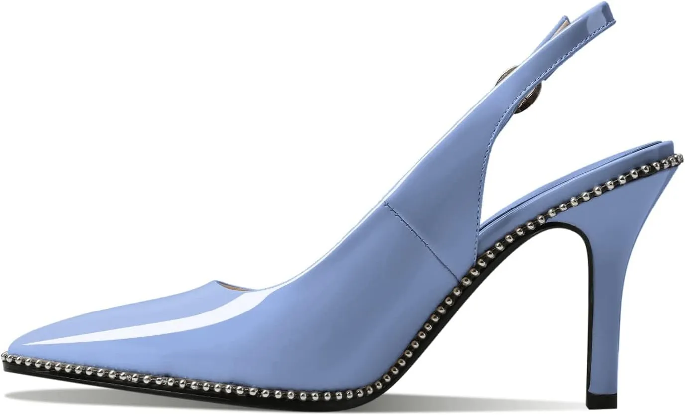 Zamikoo Women Slingback High Heels Beaded Pumps Pointed Toe Slip On 3.5 Inch Stilettos Ankle Strap Patent Leather Shoes US Size 5 -Size 13