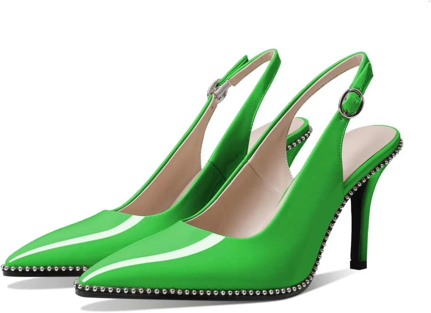 Zamikoo Women Slingback High Heels Beaded Pumps Pointed Toe Slip On 3.5 Inch Stilettos Ankle Strap Patent Leather Shoes US Size 5 -Size 13