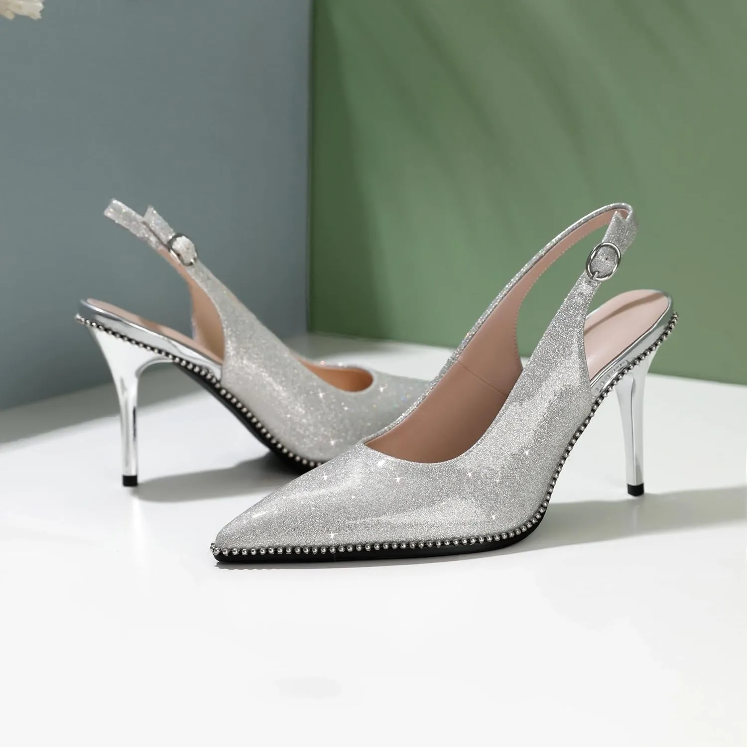 Zamikoo Women Slingback High Heels Beaded Pumps Pointed Toe Slip On 3.5 Inch Stilettos Ankle Strap Patent Leather Shoes US Size 5 -Size 13