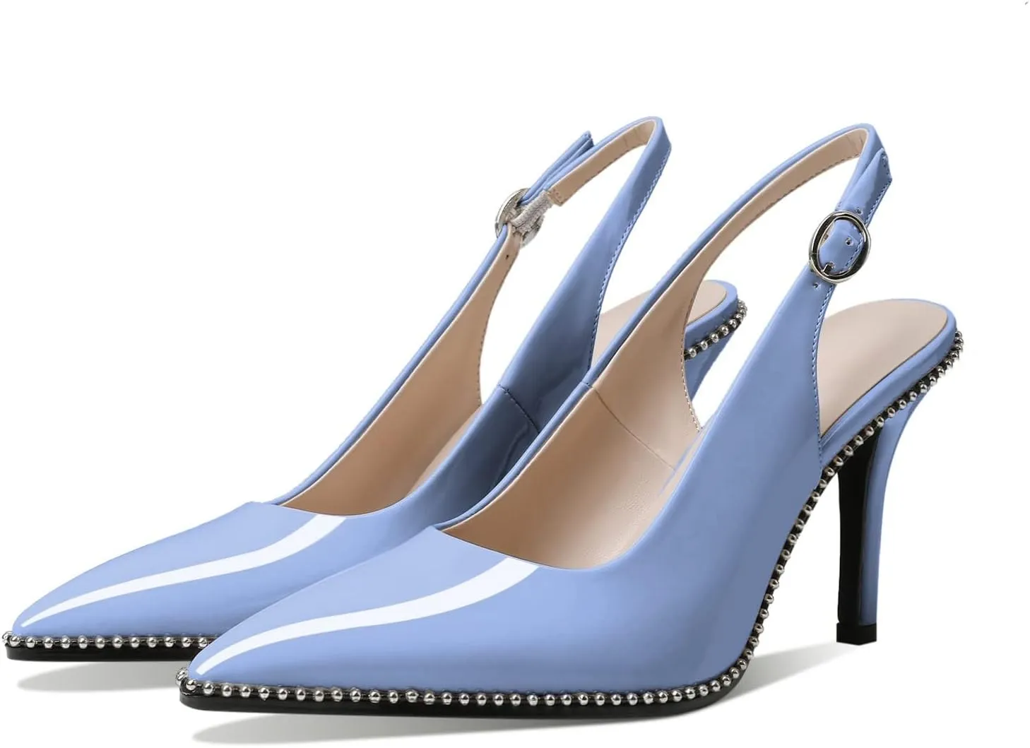 Zamikoo Women Slingback High Heels Beaded Pumps Pointed Toe Slip On 3.5 Inch Stilettos Ankle Strap Patent Leather Shoes US Size 5 -Size 13