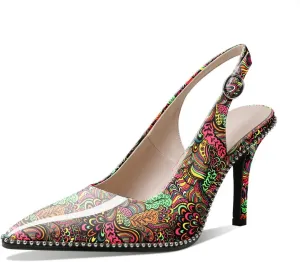 Zamikoo Women Slingback High Heels Beaded Pumps Pointed Toe Slip On 3.5 Inch Stilettos Ankle Strap Patent Leather Shoes US Size 5 -Size 13